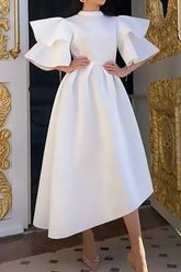 Vestido de noche informal elegante con patchwork liso, volante y cuello alto.