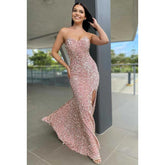 Vestido de fiesta largo con escote en forma de corazón, sin tirantes, con lentejuelas y abertura en el muslo