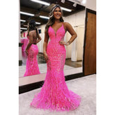 Robe de soirée sirène à paillettes, sexy et scintillante, col en V, bretelles spaghetti