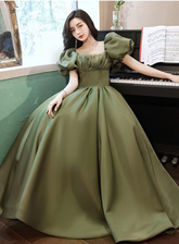 Green Evening Dress Temperament Long Bubble Sleeve Princess Dress Y4315