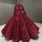 Robe de bal bordeaux à sequins, manches longues, robe de quinceañera Y4442