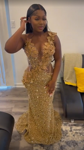 Vestido de noche de sirena con apliques de lentejuelas doradas de lujo Y7880