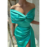 Robe de soirée longue en satin froncé, col en V, épaules dénudées, sans manches