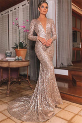 Long Sleeves Mermaid Evening Dress Sequins V-Neck