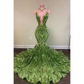 Robe de soirée sirène/trompette à col en V et paillettes en dentelle