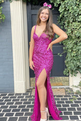Robe de bal longue sirène à sequins fuchsia et col en V
