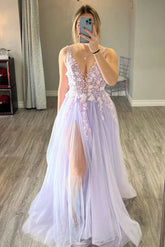 Charming A Line Deep V Neck Light Purple Long Prom Dress with Appliques