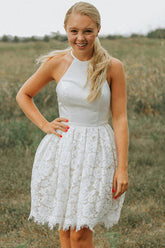 Vestido corto de fiesta de bienvenida, corte en A, encaje marfil, escote halter, espalda descubierta PD449