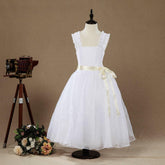 A-line Taffeta match Tulle Tea-length Flower Girl Dress Square Neck Straps Sleeveless