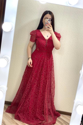 Elegant A-line V Neck Long Evening Dress Y5702