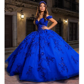 Vestido de quinceañera azul real para dulces 15 años, vestido de baile con hombros descubiertos y falda abullonada Y2726