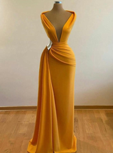 Vestido de sirena amarillo para baile de graduación, escote en V profundo, vestido de noche sexy, vestido de cóctel, cola de barrido, ropa formal para ocasiones especiales Y4931