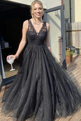 A Line V Neck Black Tulle Prom Dress Black Formal Dress