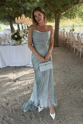 Spaghetti Straps Blue Tulle Pleated Evening Dress Elegant Prom Dress Y8195