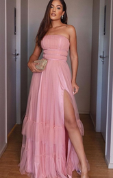 Robe de bal longue rose trapèze, robe de soirée Y7050