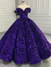 Vestido de gala morado brillante con lentejuelas y hombros descubiertos, vestido morado para quinceañera Y6583
