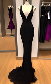 Charming Black Straps V Neck Sheath Prom Dress Black Evening Dress Y4389