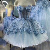 Vestido corto de tul azul para fiesta de bienvenida con flores 3D Y38