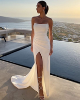 Elegante vestido de fiesta blanco sin tirantes, vestido de noche blanco Y7290