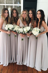 Simple Floor-Length V Back Chiffon Long Bridesmaid Dresses for Wedding Party