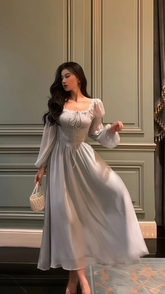 Vestido de fiesta de manga larga de gasa y encaje gris, elegante vestido de noche para baile de graduación Y8021