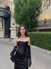 Elegante vestido de fiesta negro sin tirantes con abertura, vestido de noche negro Y6385