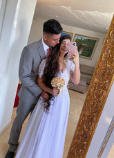 Robe de mariée longue blanche élégante à manches courtes, référence Y7225