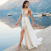 Beach Boho Backless Wedding Dresses Spaghetti Straps Lace Wedding Gowns Side Split V Neck Bride Dress Vestido De Novia
