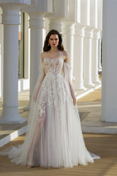 Preciosos vestidos de novia blancos de corte A, con tirantes finos, encaje de tul y manga larga, con apliques.