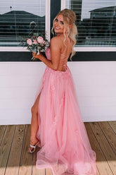 Tulle Lace A-line Backless Long Prom Dresses With Side Slit