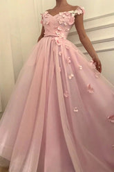 Tulle A-line Off-the-Shoulder Long Prom Dresses With 3D Flowers