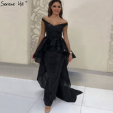 Robe de soirée noire asymétrique sans manches, sexy, en solde, sans retour, design Dubaï, épaules dénudées, avec pompons, LA60798