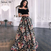 Sale Black Off Shoulder 3D Flowers Evening Dresses 2025 Short Sleeve A-Line Sexy Formal Dress LA70016