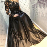 Black Off Shoulder Sexy A-Line Evening Dresses 2025 Handmade Flowers Crystal Satin Formal Dress LA70038