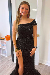 Black One Shoulder Cap Sleeve Sequined Long Party Dress SYP93