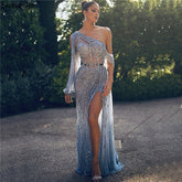 Blue Dubai One Shoulder Sexy Split Evening Dresses Luxury Beaded Crystal Sparkle Formal 2025 LA70258