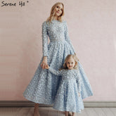 Sale Blue Flowers Evening Dresses 2025 Muslim Long Sleeves Ankle length Midi Dresses Evening Gowns LA60905