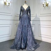 Blue Luxury Mermaid Overskirt Evening Dresses Gowns 2025 Beaded Elegant Long Sleeves For Women Party LA71619