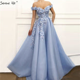 Sale Blue Off Shoulder Sexy Beach Evening Dresses Handmade Flowers Pearls Sleeveless Evening Gowns 2025 LA60868