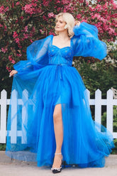 Blue Lace Applique Illusion Sleeves Tulle Long Prom Dress with Slit