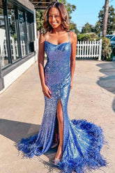 Blue Sequin Feather Back Mermaid Sparkly Long Prom Dress with Slit