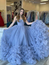 Blue Strapless Tulle Long Formal Dresses VMP168