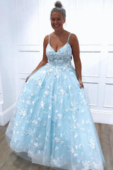Tulle A-line V-neck Lace Appliques Prom Dresses, Evening Dress