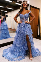 Blue Tulle Appliques Off-the-Shoulder Ruffle Long Prom Dress