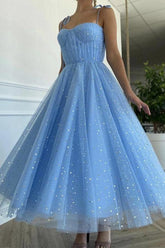 Robe de bal mi-longue en tulle bleu à sequins, robe de soirée, robe de rentrée scolaire PD430