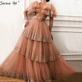 Sale Blush Pink V-Neck Sexy Sparkle Evening Dresses 2025 A-Line Tiered Sequined Tulle Evening Gowns LA60765