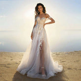 Vestidos de novia bohemios con hombros descubiertos, elegantes vestidos de novia retro sin mangas con encaje dulce y espalda descubierta.