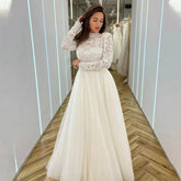 Romantic Wedding Dresses Mermaid High Neck Long Sleeves Exquisite Lace Appliques Princess Style Beach Mopping Bride Gowns