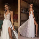 Vestido de novia bohemio, vestido de novia sexy con abertura, vestido de novia playero con escote en V, tirantes finos, espalda descubierta, vestido de novia de gasa.