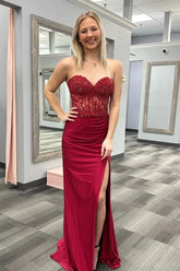 Burgundy Strapless Mermaid Appliques StraplessProm Dress with Slit